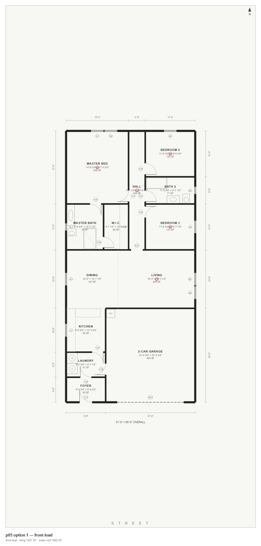 A floor plan generated by PDFDepth — three-bedroom single-story house with walls, door swings, kitchen and bath fixtures, walk-in closet, laundry, two-car garage, room labels with dimensions and square footage, dimension strings, street and north arrow