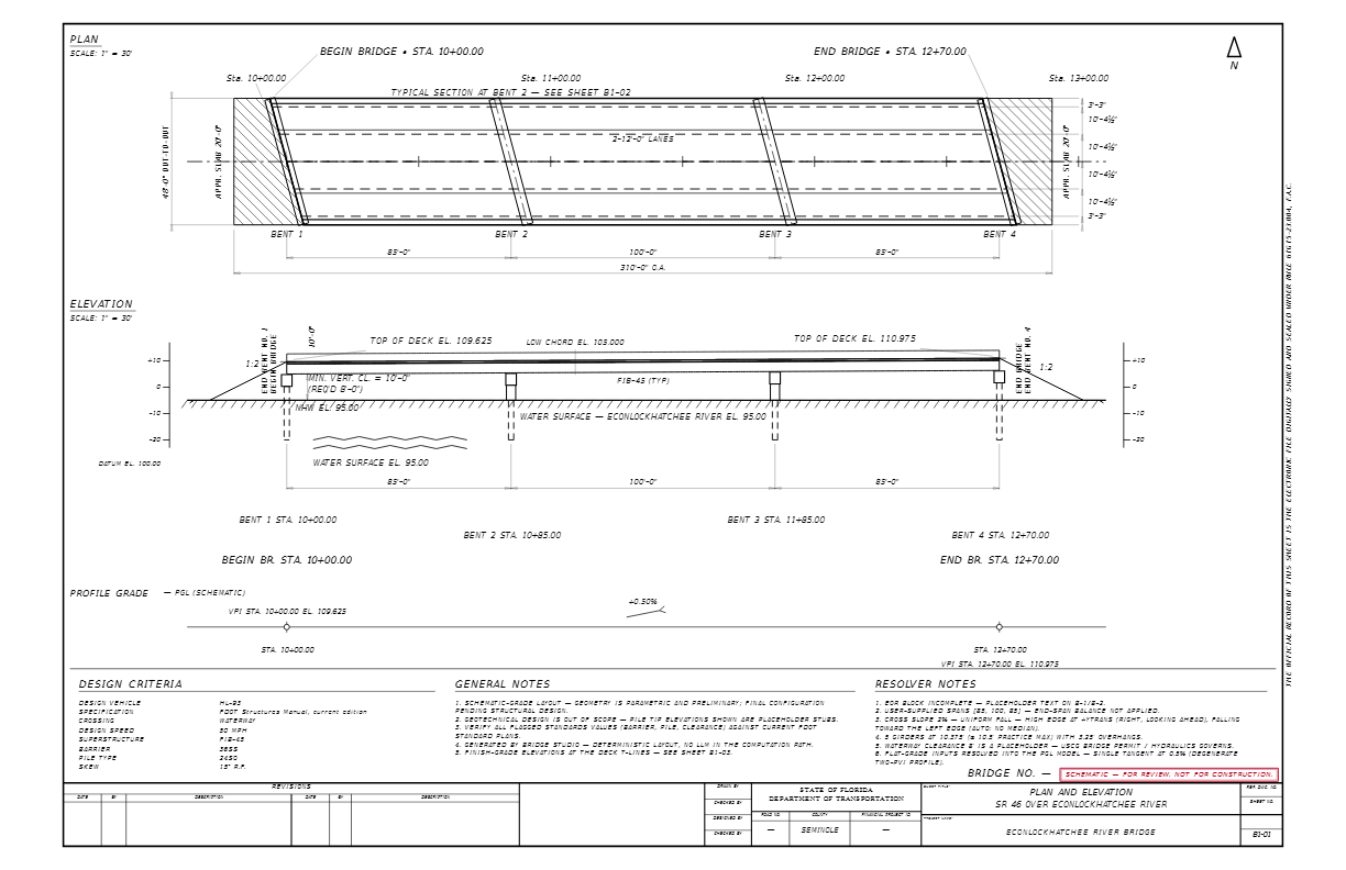 Sheet B1-01 Plan and Elevation for the Econlockhatchee River Bridge drafted by Bridge Studio — plan view with four bents and 85-100-85 ft spans, elevation with top of deck, low chord at el. 103.000, water surface at el. 95.000, FIB-45 girders, and FDOT title block