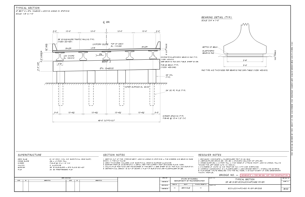 Sheet B1-02 Typical Section at Bent 2 — 36-inch single-slope traffic railing, deck build-up, FIB-45 girders at computed spacing, elastomeric bearing detail, 24-inch square prestressed piles, and girder spacing table
