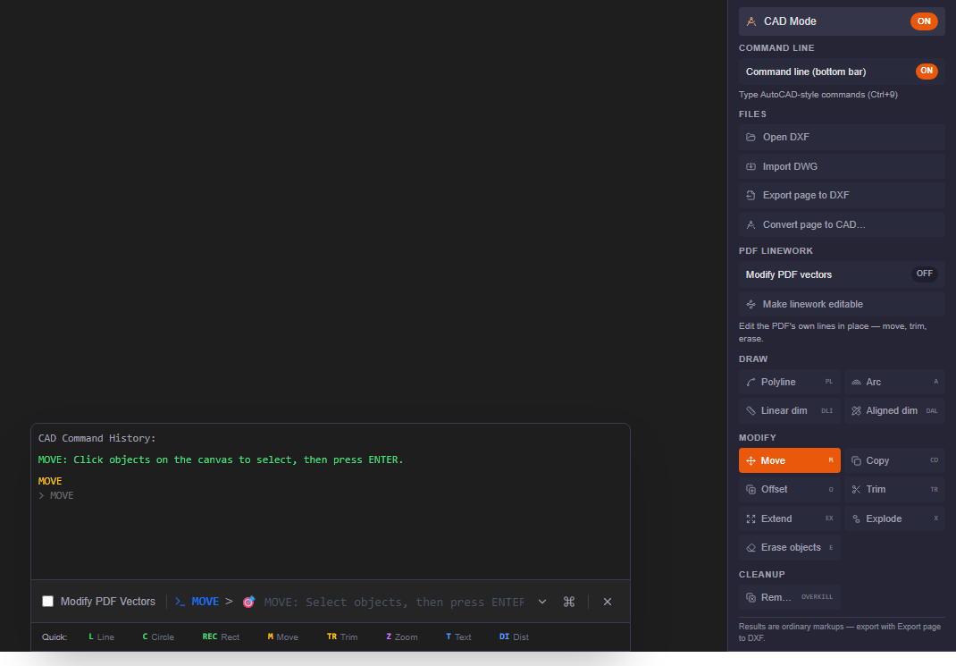 The CAD command line running MOVE — the command history shows the prompt, and the input bar reads "MOVE: Select objects, then press ENTER"