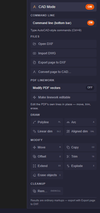 The CAD Mode panel in the PDFDepth right sidebar — command line switch, file buttons, PDF linework editing, and draw/modify/cleanup command grids