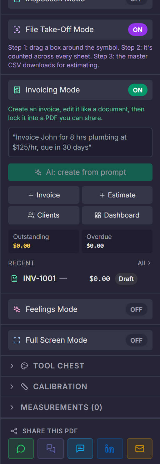 File Take-Off Mode toggled on in the PDFDepth right panel with the three-step instructions shown.