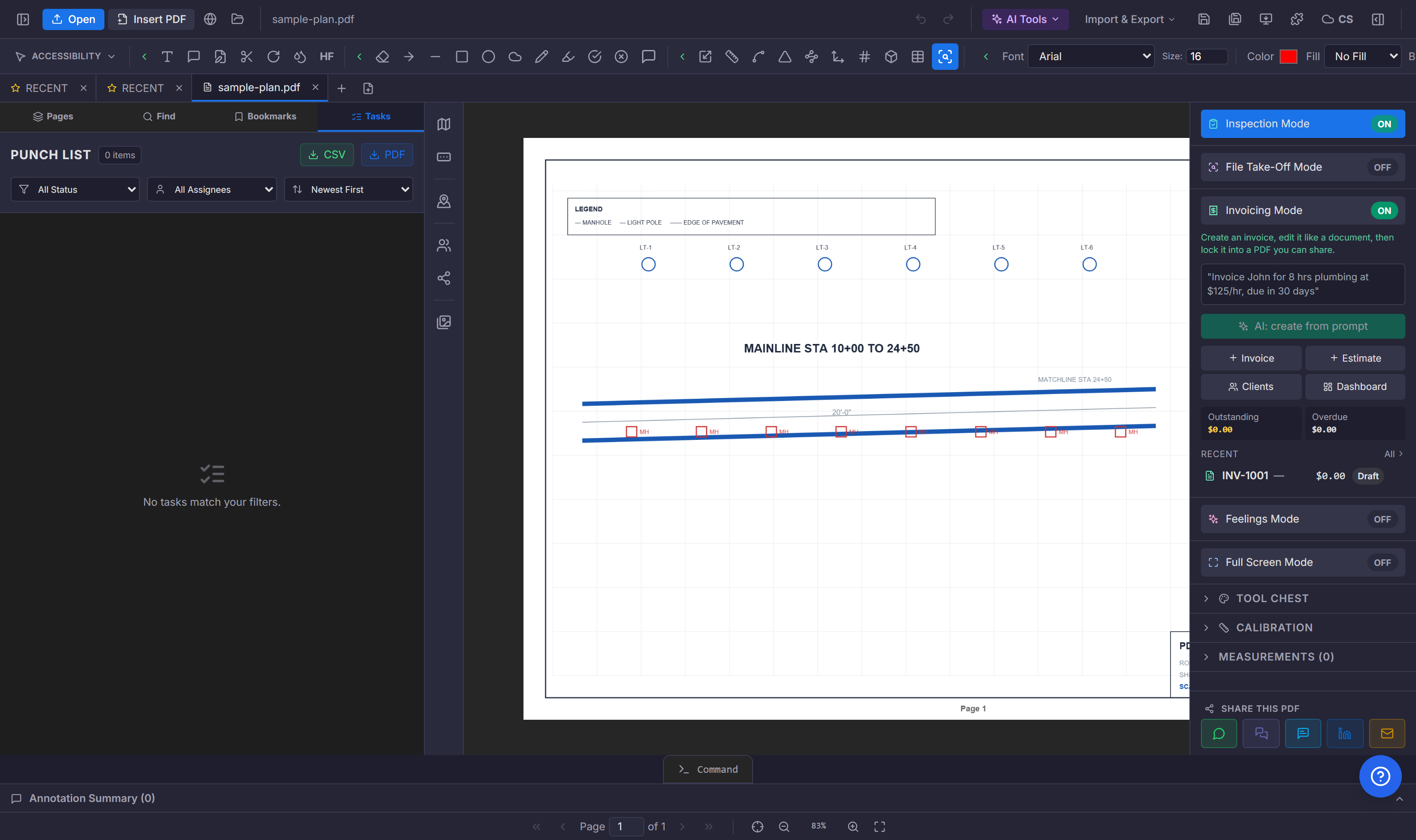 PDFDepth workspace with Inspection Mode on — punch list panel on the left, task filters above it, plan sheet on the canvas.