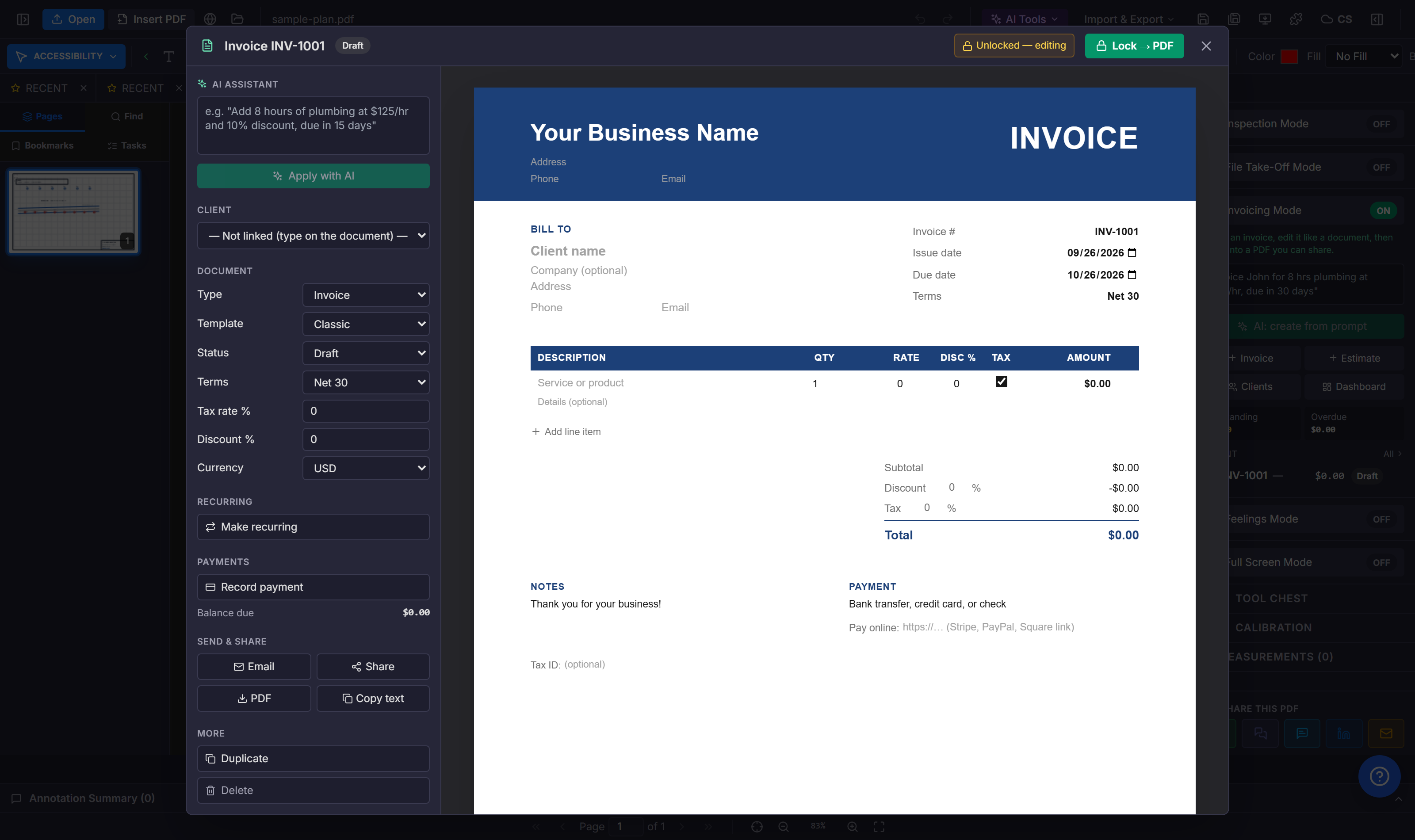 The PDFDepth invoice editor showing an invoice being edited with live document preview.