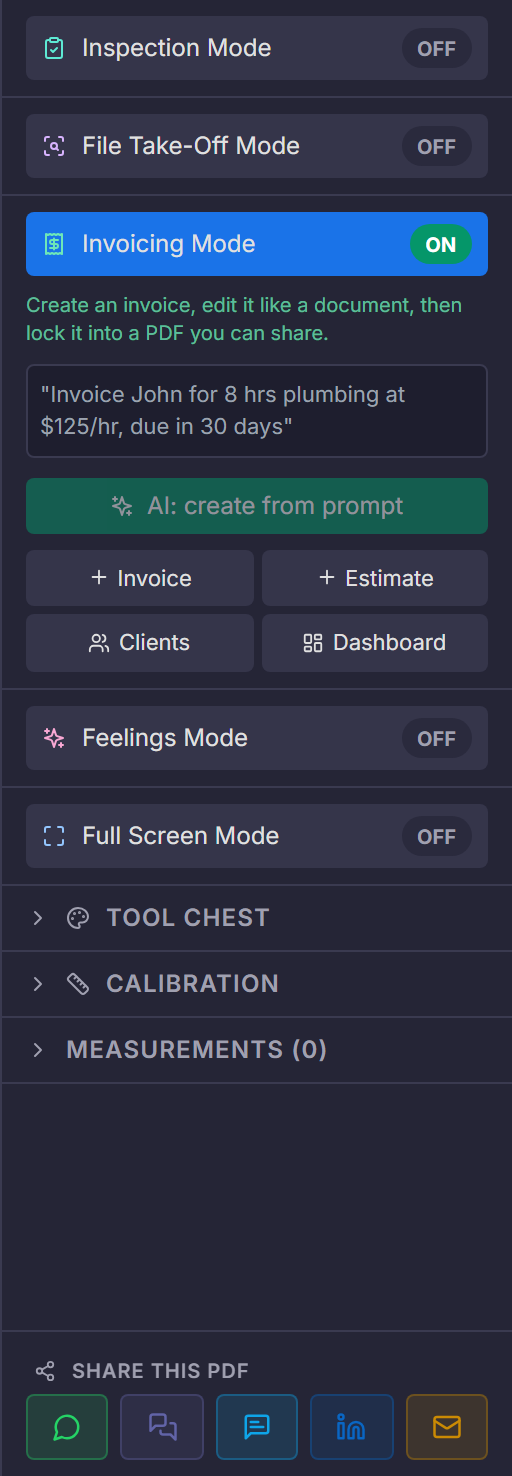 Invoicing Mode expanded in the PDFDepth right panel showing the AI create-from-prompt box and quick actions.