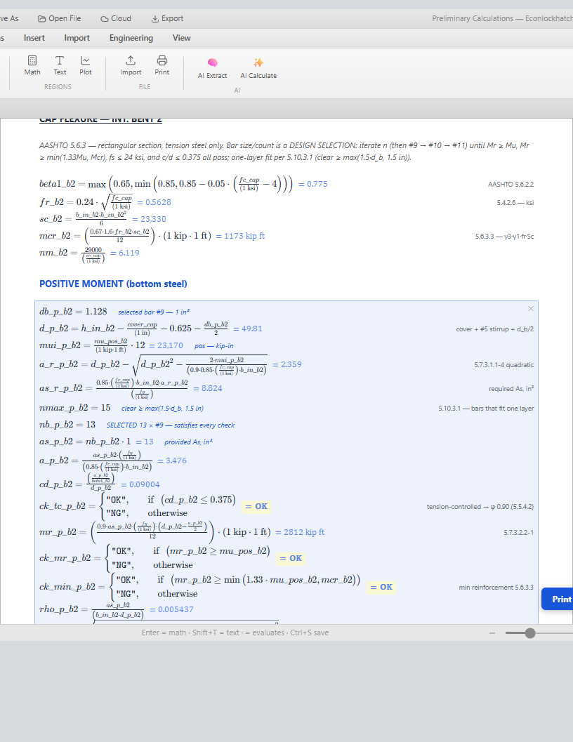 MathFlow derivation page showing an AASHTO 5.6.3 bent-cap flexure calculation — piecewise checks rendering OK in highlighted callouts, clause references in the right margin, ribbon with Math, Text, Plot regions and AI Extract / AI Calculate buttons