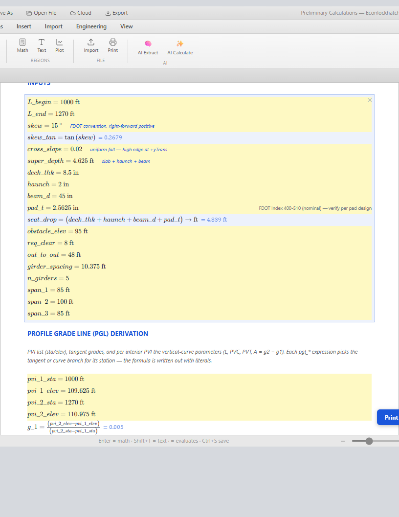 MathFlow calc book inputs page — unit-tracked variables (ft, in, degrees) with FDOT annotations and live-evaluated expressions for skew, seat drop, girder spacing, and PGL derivation