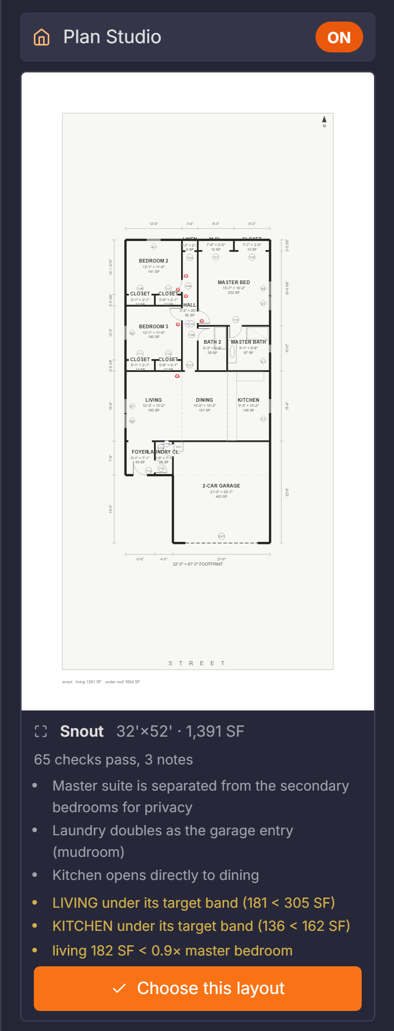 The Plan Studio panel in the PDFDepth right sidebar — a layout option card showing the rendered plan, parti name, dimensions, living square footage, check counts, design notes, and the Choose this layout button