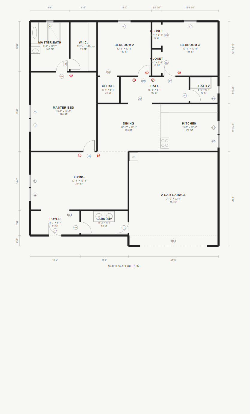 A floor plan generated by Plan Studio — three bedrooms, two baths, kitchen, dining, living, foyer, laundry, projecting two-car garage, closets and walk-in closet, room labels with dimensions and square footage, dimension strings, and overall footprint dimension