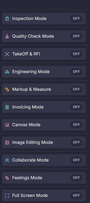 The modes panel listing all eleven workspace modes
