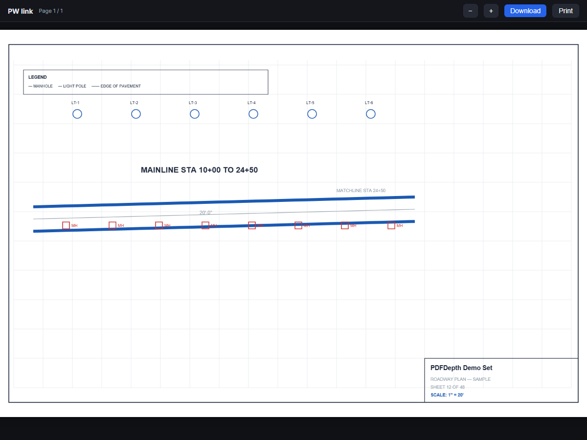 The public smart-link viewer showing a shared plan page with zoom controls and Download and Print buttons in the header.