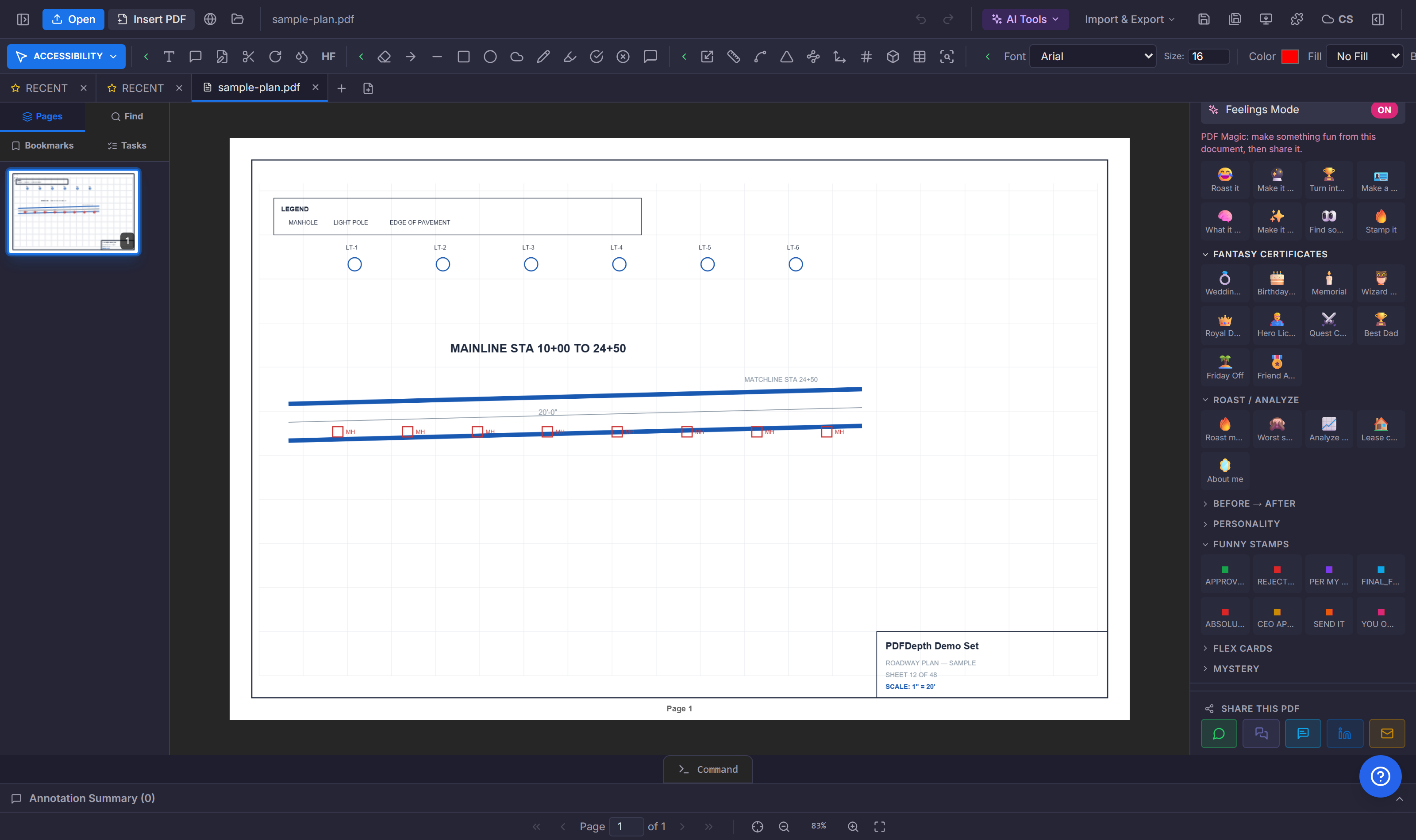 The PDFDepth workspace with a plan sheet open, toolbars, and the right panel.