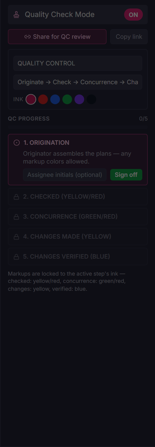Quality Check Mode panel showing the five-step QC workflow and ink colors