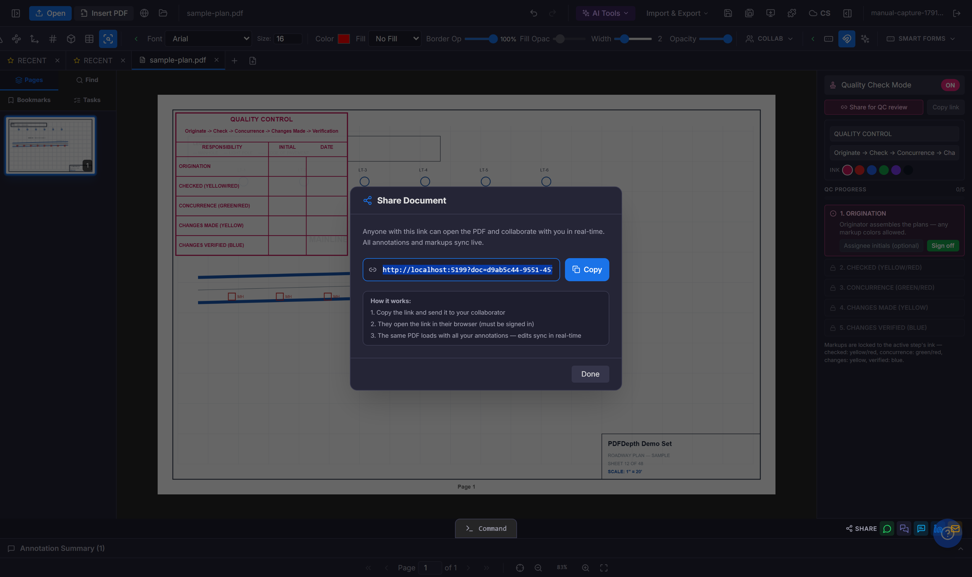 Share Document dialog generating a live collaboration link