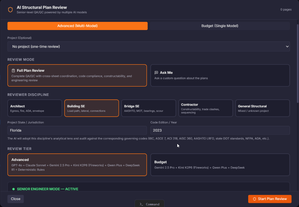 AI Structural Plan Review setup: review mode, reviewer discipline, project jurisdiction, and code edition selection